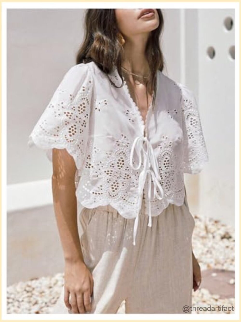Hollow Tie Front Crop Top Ruffle Short Sleeve V Neck Blouse - Picture 5 of 5